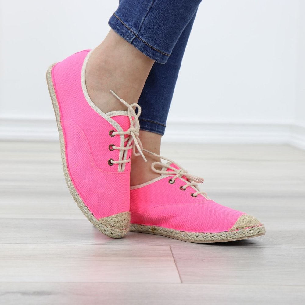 Neon Pink Light Weight Fabric Espadrille Flat Sneakers - Picture 8 of 12